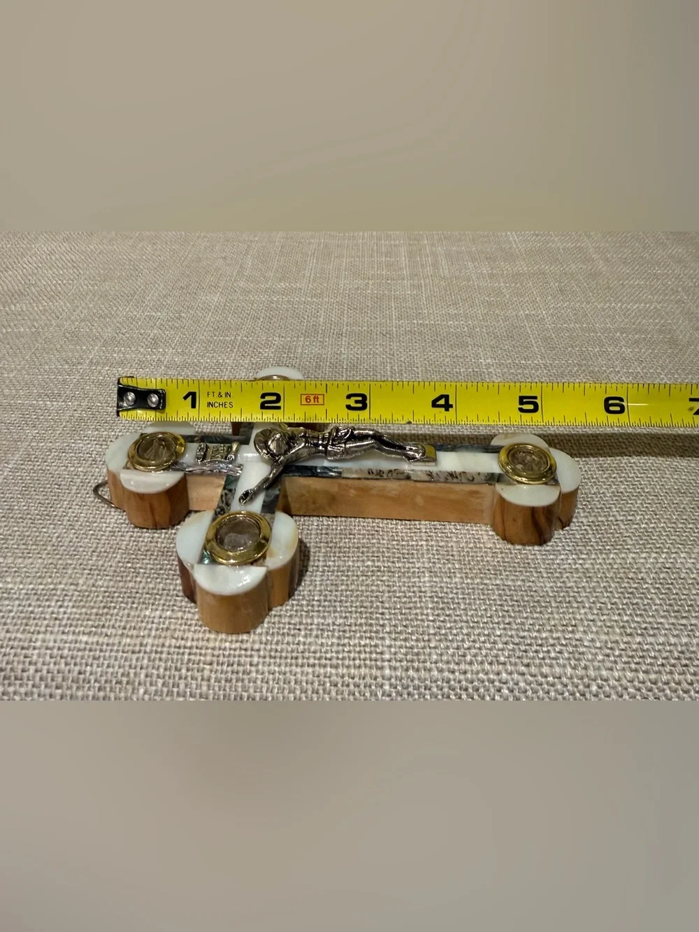 Vintage Jerusalem Olive Wood Mother of Pearl Abalone Crucifix Relic Wall Cross